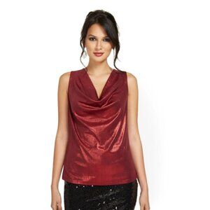 New York & Company Womens Metallic Drape Tank Top Sz M Red Shimmering Chic Party